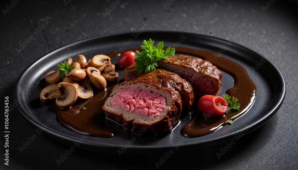 Beef steak with mushrooms and sauce on black plate, fine dining Beef steak with mushrooms and sauce on black plate, fine dining