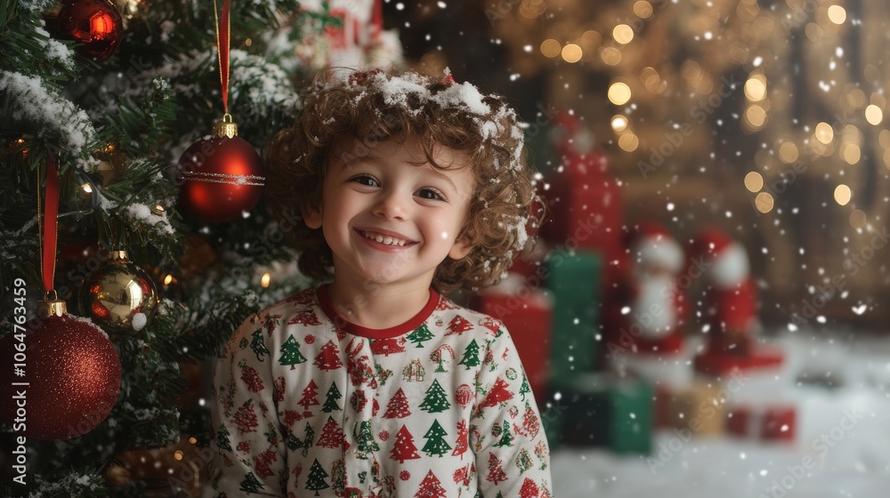 Child in festive pajamas by the decorated Xmas tree snow outside Child in festive pajamas by the decorated Xmas tree snow outside