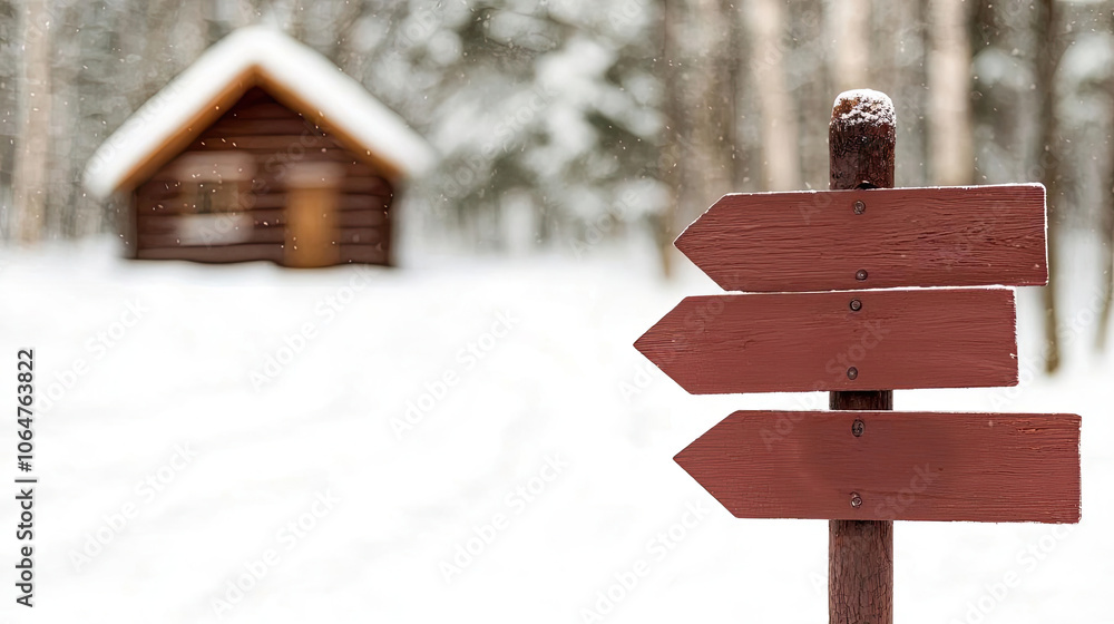Naklejka premium Wooden signposts in the snow guide travelers towards a cozy cabin in the serene winter landscape, evoking a sense of adventure and exploration.