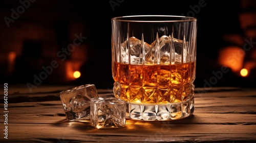 A glass of whisky set against a wooden mottled grain background, featuring warm tones and a subtle light contrast.