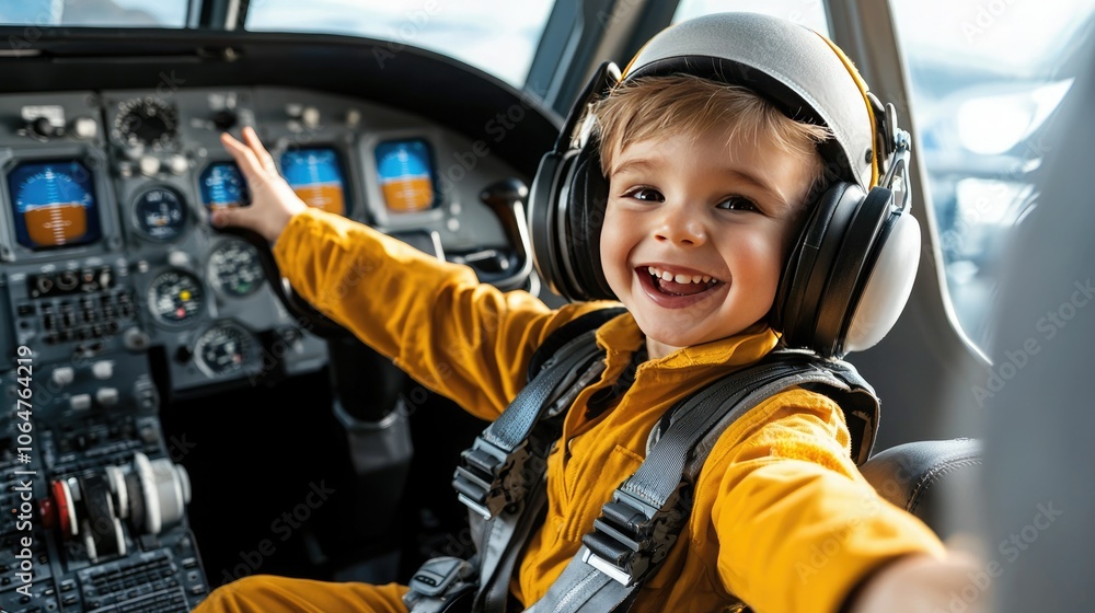 A joyful child in an aircraft cockpit, wearing a bright orange jumpsuit and headset, excitedly engaging with controls. A joyful child in an aircraft cockpit, wearing a bright orange jumpsuit and headset, excitedly engaging with controls.