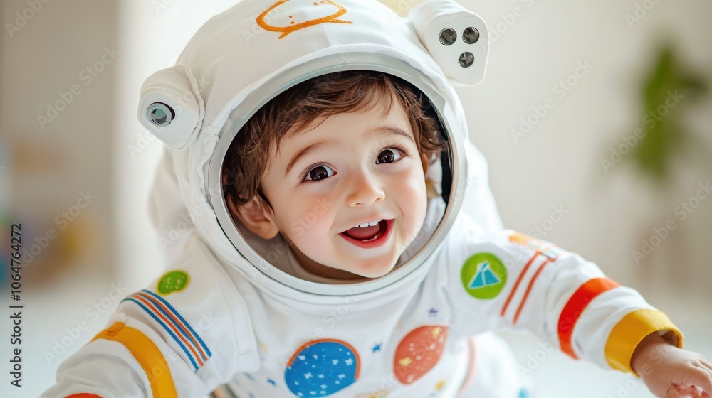 A cute child in an astronaut suit smiles brightly, exuding joy and innocence, capturing a whimsical space-themed moment indoors. A cute child in an astronaut suit smiles brightly, exuding joy and innocence, capturing a whimsical space-themed moment indoors.