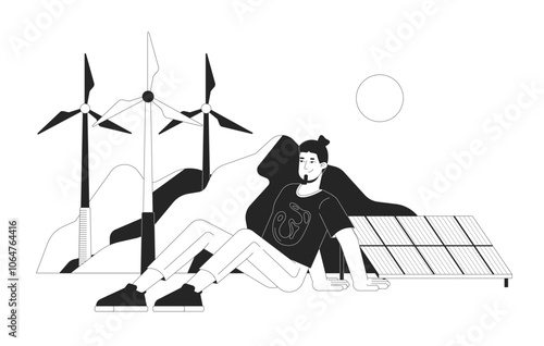 Sustainable generators renewable energy black and white 2D illustration concept. Wind turbines, solar panel. Lifestyle eco conscious man outline character isolated. Metaphor monochrome vector art