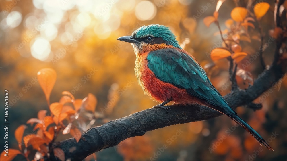 Fototapeta premium A beautifully colorful bird is happily perched on a tree branch
