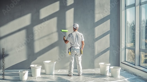 Painter Working on Interior Wall with Roller in Sunlit Room
