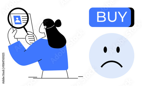Woman analyzing a profile with a magnifying glass, blue buy button, sad face emotion. Ideal for themes thumbs up decision making, user reviews, e-commerce, customer feedback, online shopping