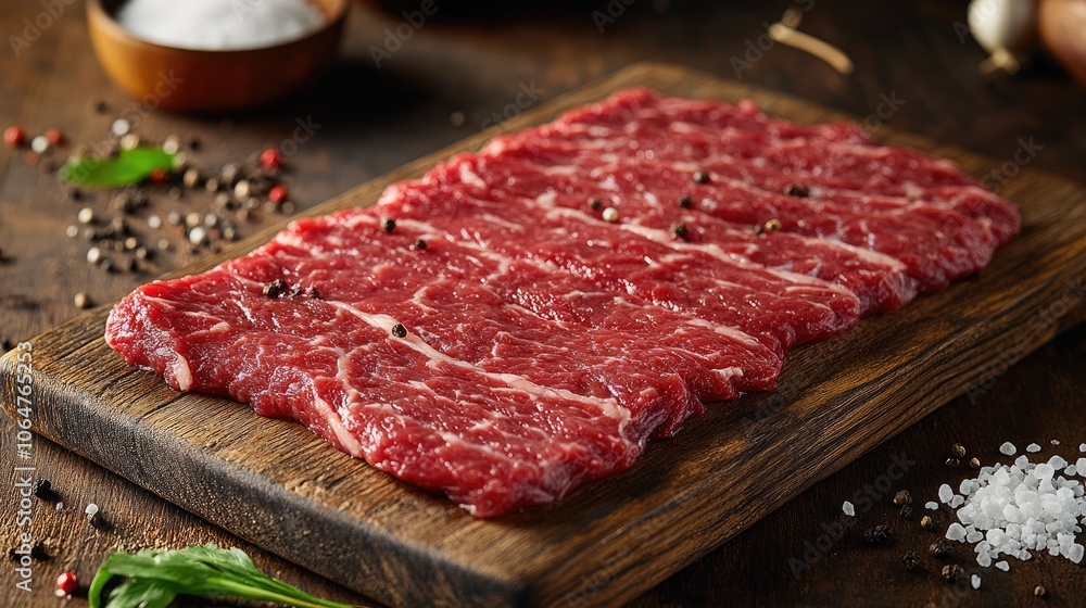 Fresh Raw Beef Steak on Wooden Cutting Board with Seasoning and Herbs for Gourmet Cooking and Culinary Presentation Fresh Raw Beef Steak on Wooden Cutting Board with Seasoning and Herbs for Gourmet Cooking and Culinary Presentation