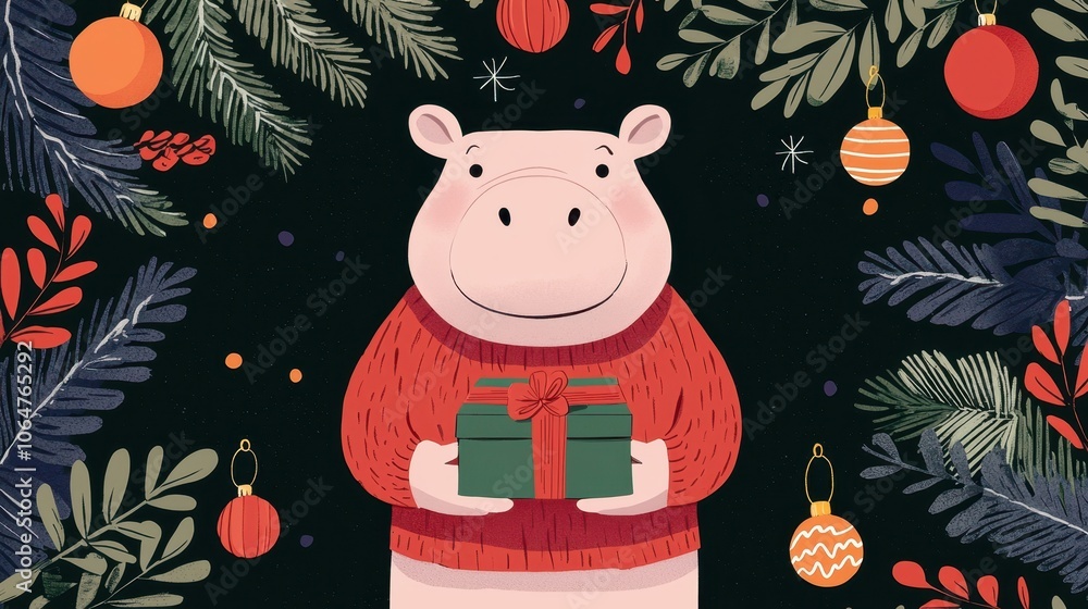 Fototapeta premium Cute Hippopotamus Holding Gift Box Under Christmas Tree Illustration