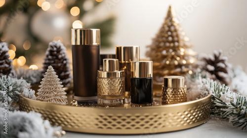 Luxury beauty products on a gold tray surrounded by Christmas decor Elegant holiday setup for cosmetics display Front view Copy space