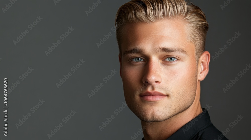 Man with slicked-back blonde hair studio headshot neutral gray background Man with slicked-back blonde hair studio headshot neutral gray background