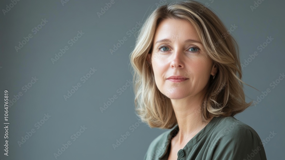 Fototapeta premium Middle-aged European woman with shoulder-length blonde hair casual fashion look