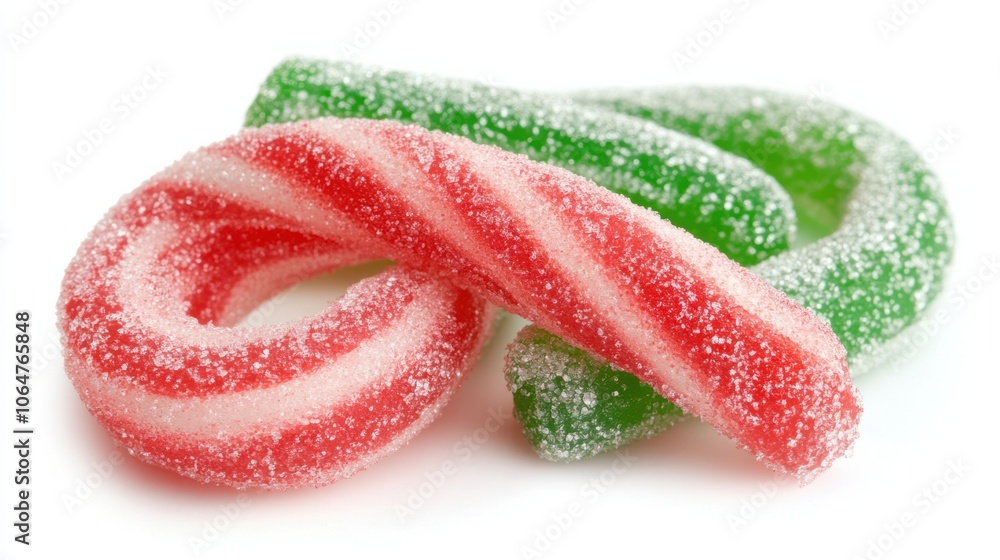 Candy cane with vibrant red and green stripes, perfect for holiday themes, isolated on white - Candy cane with vibrant red and green stripes, perfect for holiday themes, isolated on white -
