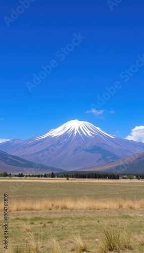a field with a mountain in the background