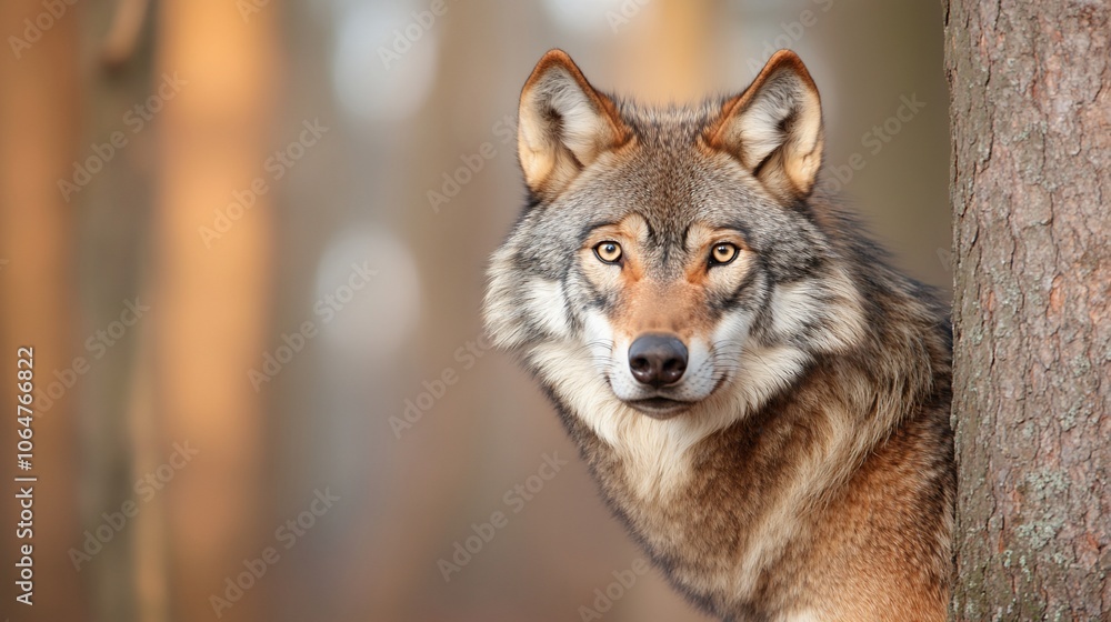 A wolf with golden eyes peeks out from behind a tree trunk in a forest. A wolf with golden eyes peeks out from behind a tree trunk in a forest.