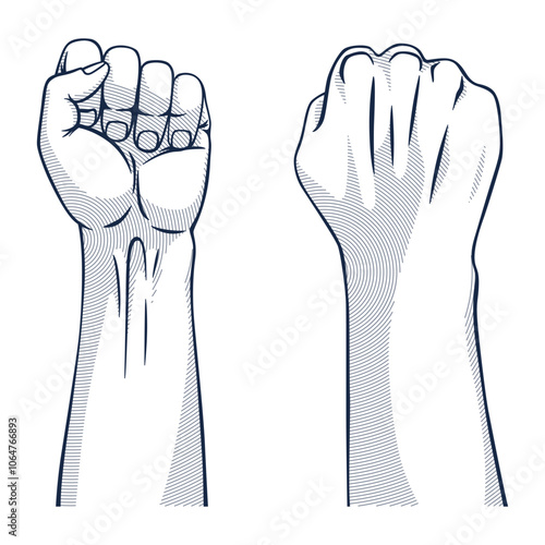 Rised fist hand gesture monochrome drawn emblem. Vector hand clenched into fist and rising up, symbol isolated on white background. Power sign. Human hand up in the air