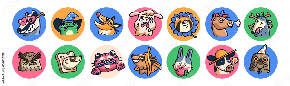 Funny round avatars of cute animals set. Circles with happy, sad, crying faces of baby characters for user profile. Portraits of different emotions. Flat isolated vector illustrations on white