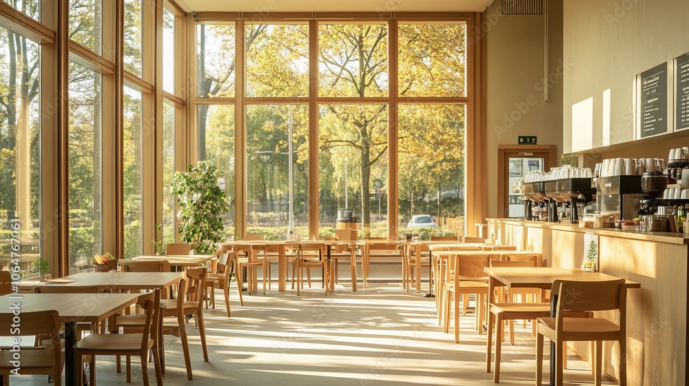 A tranquil coffee shop bathed in sunlight, featuring wooden chairs and tables arranged amidst large windows. The serene ambience invites relaxation and contemplation A tranquil coffee shop bathed in sunlight, featuring wooden chairs and tables arranged amidst large windows. The serene ambience invites relaxation and contemplation