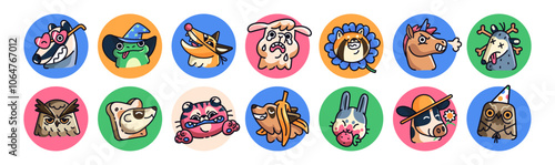 Funny round avatars of cute animals set. Circles with happy, sad, crying faces of baby characters for user profile. Portraits of different emotions. Flat isolated vector illustrations on white