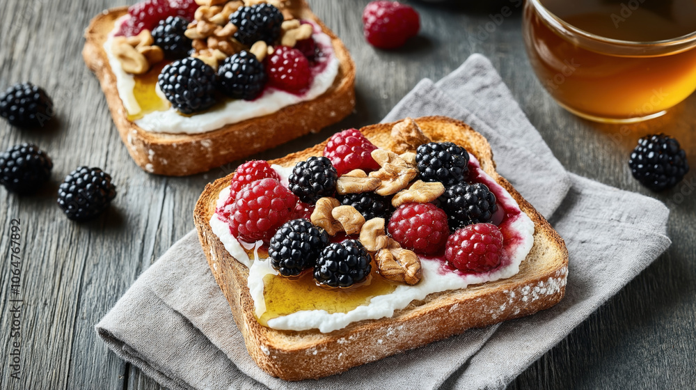 Sliced toasted bread topped with creamy ricotta cheese, fresh raspberries, blackberries, walnuts, and honey on a rustic wooden table setting. Sliced toasted bread topped with creamy ricotta cheese, fresh raspberries, blackberries, walnuts, and honey on a rustic wooden table setting.