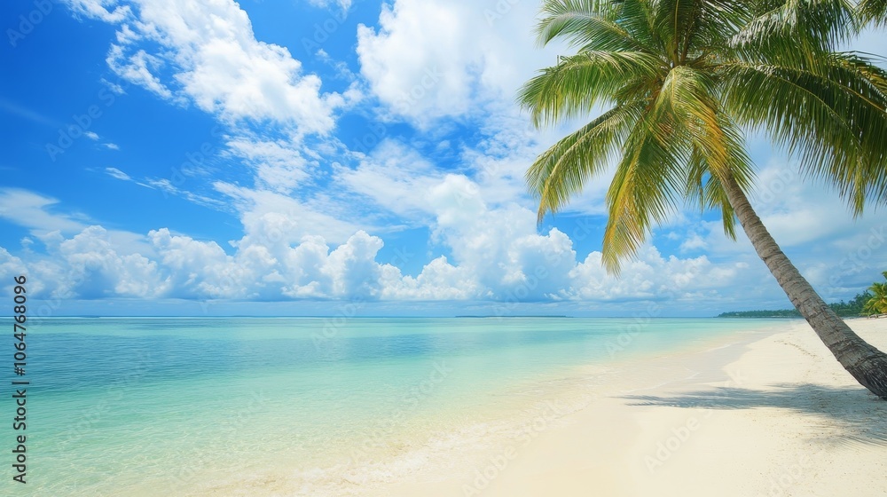 A serene beach scene with clear waters, soft sand, and a palm tree under a bright blue sky. A serene beach scene with clear waters, soft sand, and a palm tree under a bright blue sky.