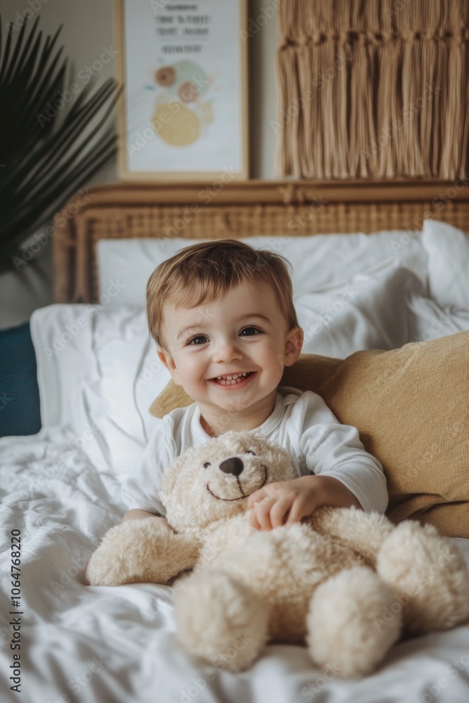 A young child with a joyful expression sits on a bed, embracing a teddy bear amidst soft pillows and warm linens in a welcoming bedroom setting A young child with a joyful expression sits on a bed, embracing a teddy bear amidst soft pillows and warm linens in a welcoming bedroom setting