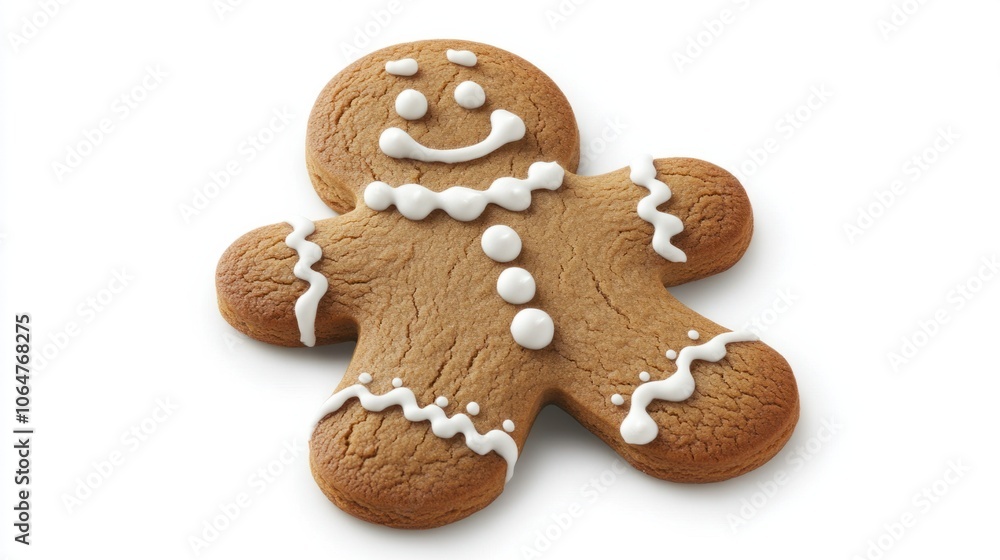 Classic gingerbread man cookie with festive white icing details, isolated on a white background - Classic gingerbread man cookie with festive white icing details, isolated on a white background -