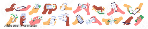 Mobile phones are in hands set. People hold smartphones, using to search information in internet, take photos. Texting, online communication by telephone. Flat isolated vector illustrations on white