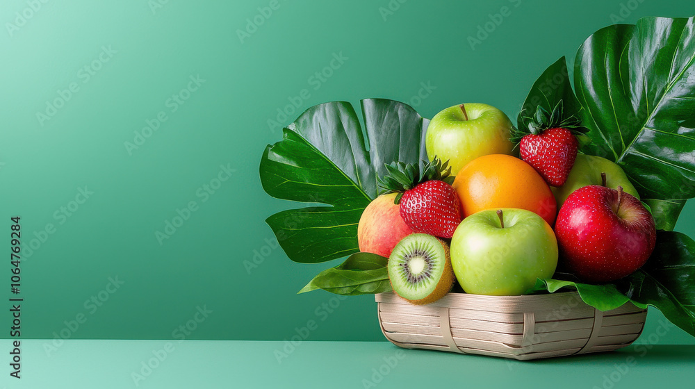 Fresh fruit basket with apples, strawberries, kiwi, and orange, surrounded by green leaves, creating vibrant and healthy display Fresh fruit basket with apples, strawberries, kiwi, and orange, surrounded by green leaves, creating vibrant and healthy display