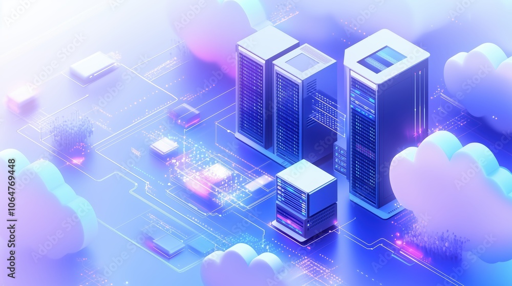 Minimalistic isometric design of a data center with server icons, representing cloud infrastructure. Minimalistic isometric design of a data center with server icons, representing cloud infrastructure.