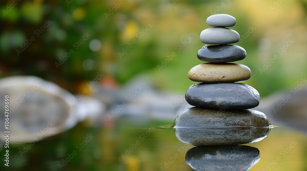 Stack of Stone in a still pond where the water perfectly reflects the surrounding nature Stack of Stone in a still pond where the water perfectly reflects the surrounding nature