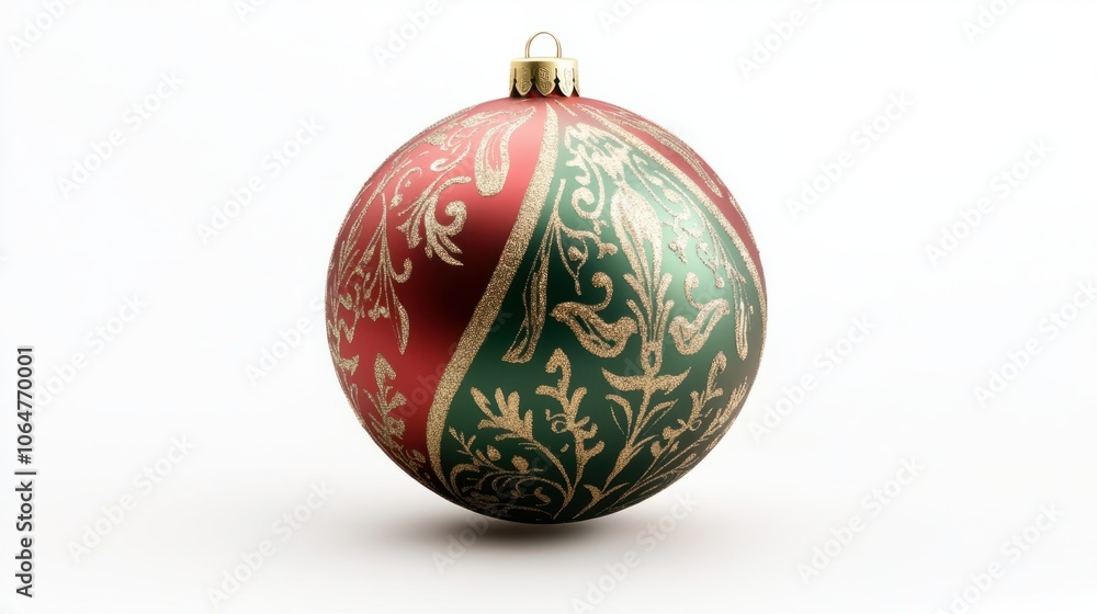 Classic red and green Christmas ball with gold details, isolated on white for a timeless holiday feel Classic red and green Christmas ball with gold details, isolated on white for a timeless holiday feel