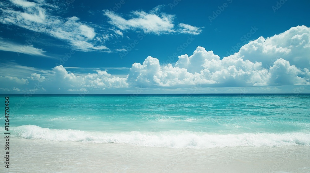 A serene beach scene featuring calm turquoise waters, gentle waves, and a bright blue sky with clouds. A serene beach scene featuring calm turquoise waters, gentle waves, and a bright blue sky with clouds.