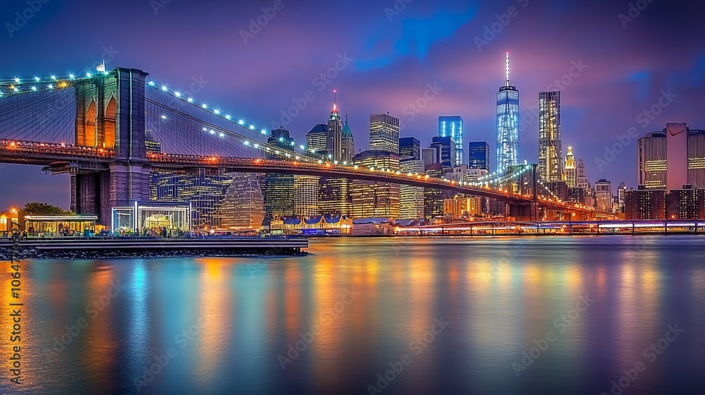 Fototapeta premium A vibrant fireworks display illuminates the night sky, casting an ethereal glow over the iconic Brooklyn Bridge and the tranquil river below. The city of New York, a kaleidoscope of lights