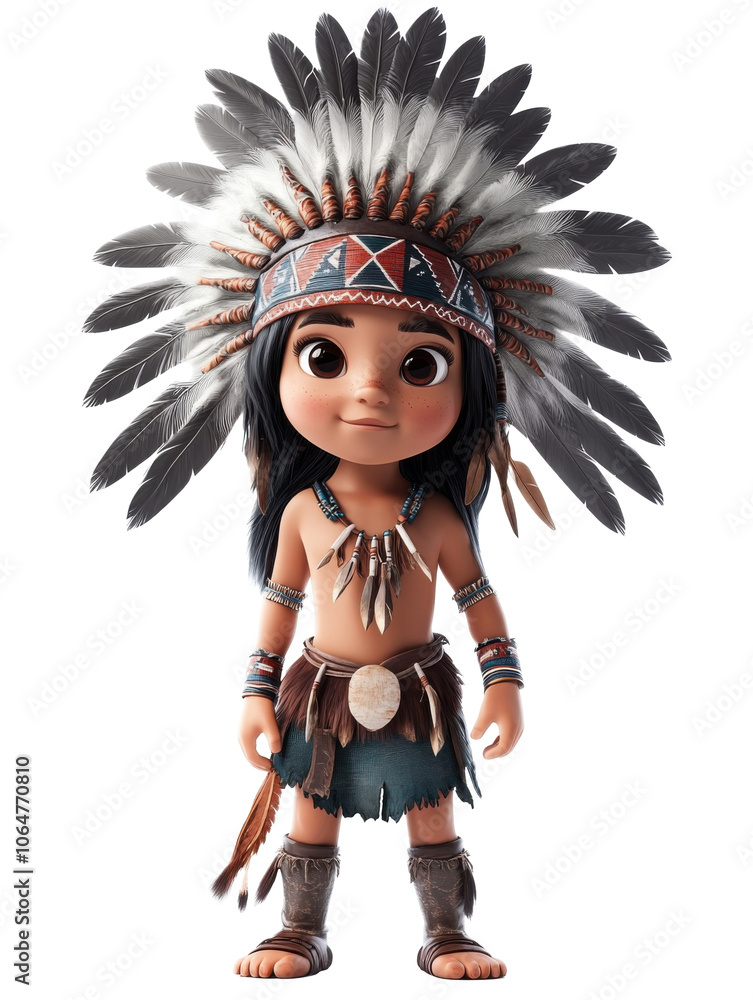 Charming Indigenous Child Character with Feather Headdress Charming Indigenous Child Character with Feather Headdress