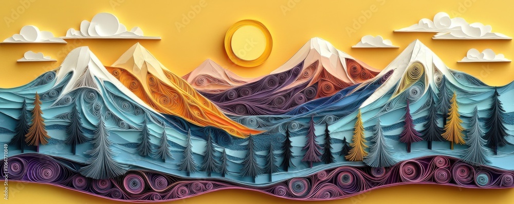 Colorful paper quilling landscape with snow-capped mountains and pine trees Colorful paper quilling landscape with snow-capped mountains and pine trees