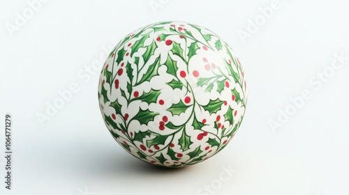 Classic red Christmas ball with green holly patterns, isolated on a white background