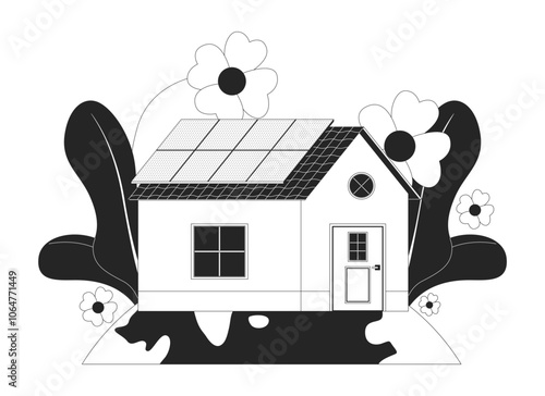 Residential renewable energy black and white 2D illustration concept. Intentional life. Photovoltaic solar panels on rooftop building exterior outline scene isolated. Metaphor monochrome vector art