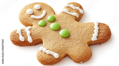 Cute gingerbread man cookie with green buttons and festive details, isolated on a white background