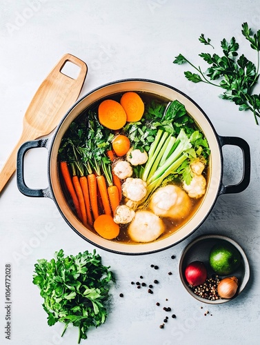Homemade vegetable broth in a pot.