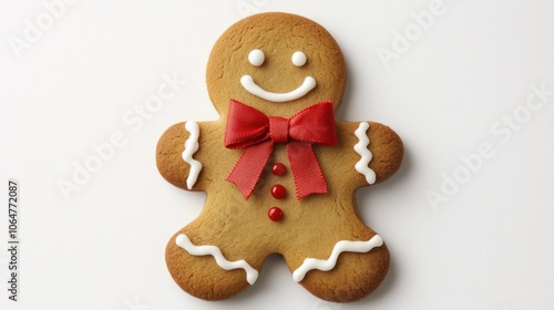 Cute gingerbread man cookie with red bow and icing smile, perfect for Christmas themes on white