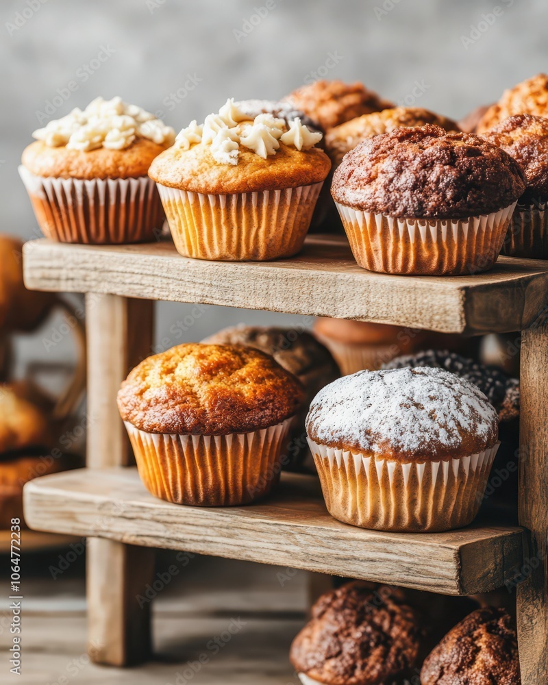 Bakery shelf displaying an assortment of freshly baked goods, including breads, pastries, and desserts. Bakery shelf displaying an assortment of freshly baked goods, including breads, pastries, and desserts.