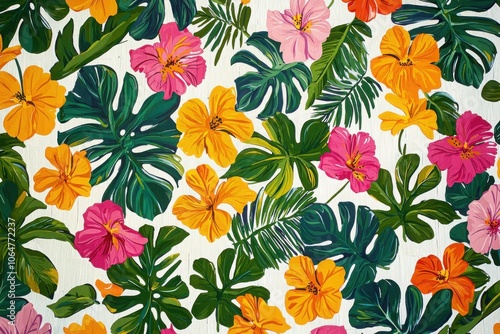 Vibrant background patterns featuring tropical plants and colorful floral elements for summer vibes and decor