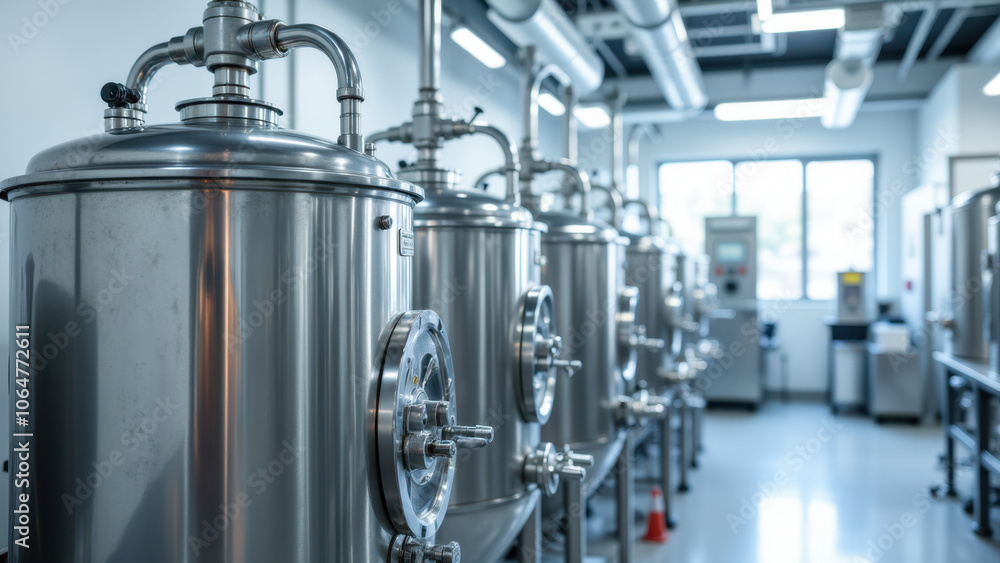 Industrial room filled with large stainless steel tanks. Industrial room filled with large stainless steel tanks.