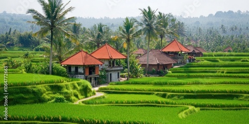 Lush green rice terraces with traditional Balinese houses under palm trees.