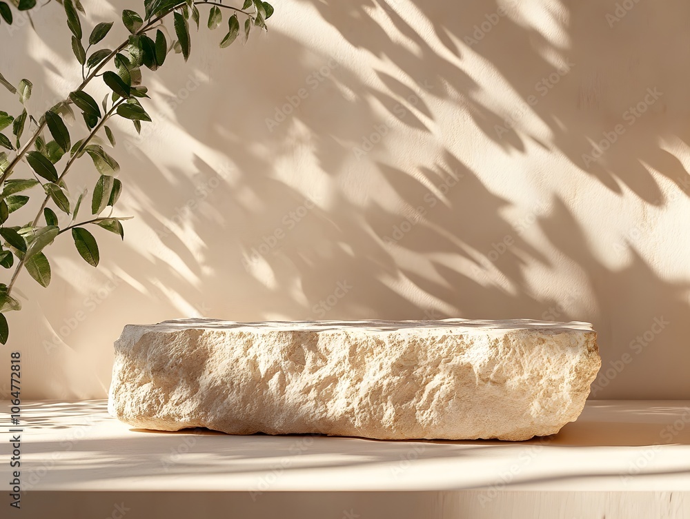 Stone Platform with Branch and Leaf Shadow on Beige Background Stone Platform with Branch and Leaf Shadow on Beige Background