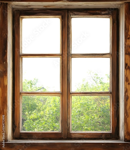 Old Wooden Window with View of Green Trees