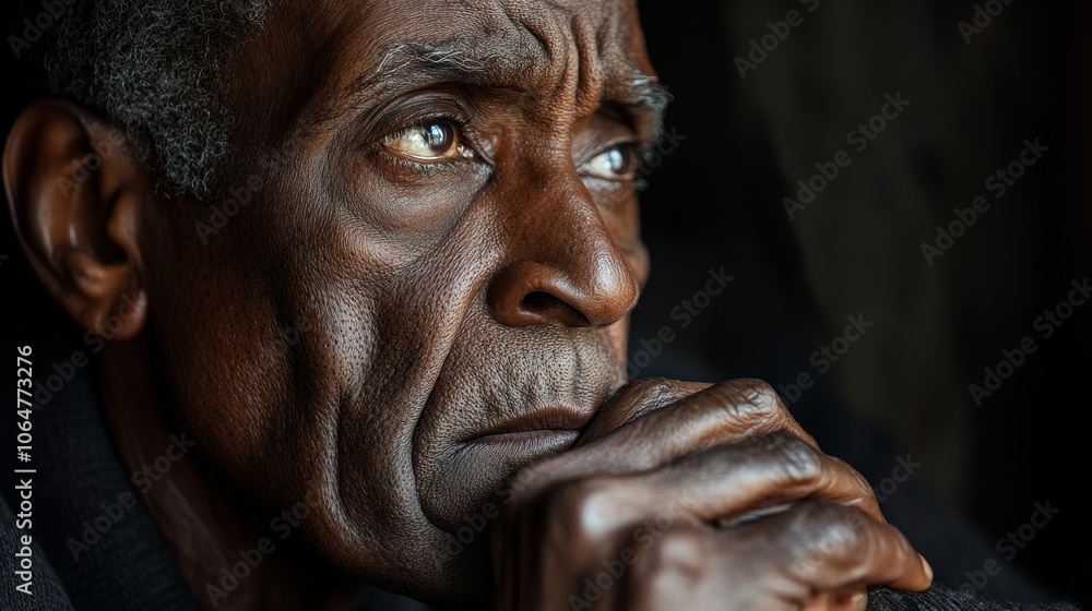 Contemplative Elderly Man with Dark Brown Skin Reflecting on Life's Final Moments