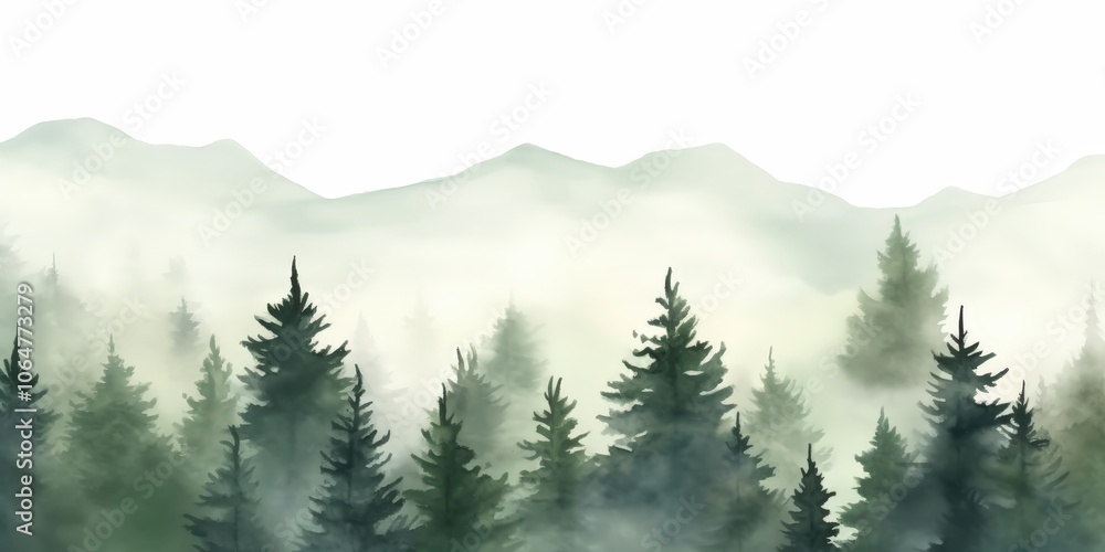 Fototapeta premium Watercolor green landscape of foggy forest hill. Evergreen coniferous trees. Wild nature, frozen, misty, taiga. Horizontal watercolor background.Hand painted watercolor illustration of misty forest