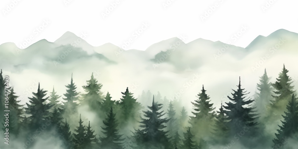 Fototapeta premium Watercolor green landscape of foggy forest hill. Evergreen coniferous trees. Wild nature, frozen, misty, taiga. Horizontal watercolor background.Hand painted watercolor illustration of misty forest
