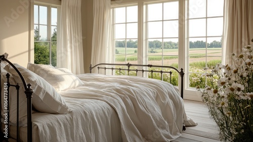 A serene French country bedroom featuring a vintage iron bed frame